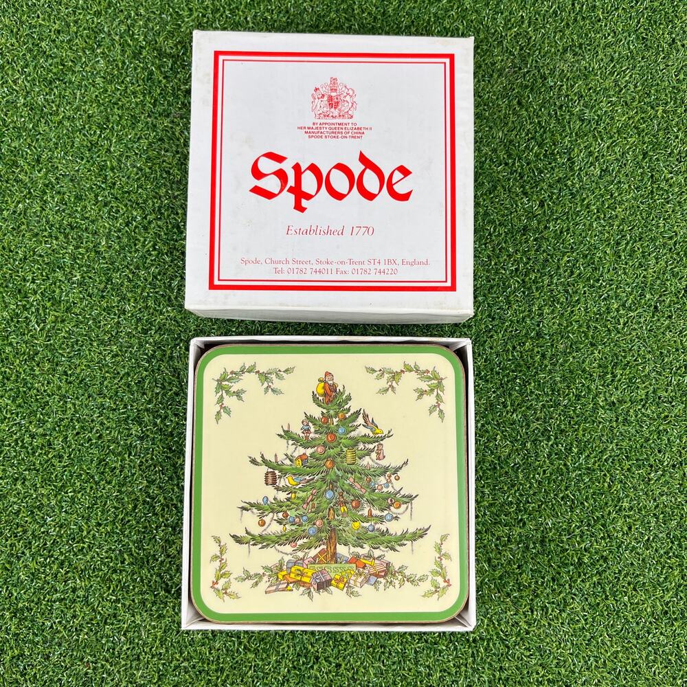 Spode Christmas Tree Cork Backed Square Coasters Set of 6 in Box